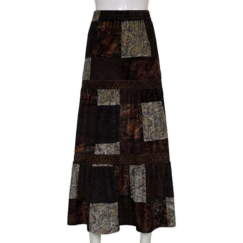 Gonna lunga a vita media con arricciature a contrasto patchwork