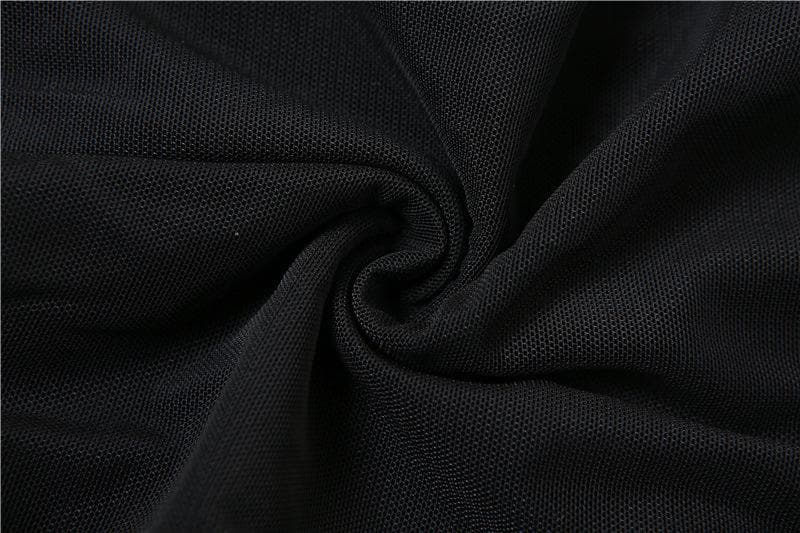 Top in rete tinta unita con maniche lunghe, spalle scoperte e arricciato