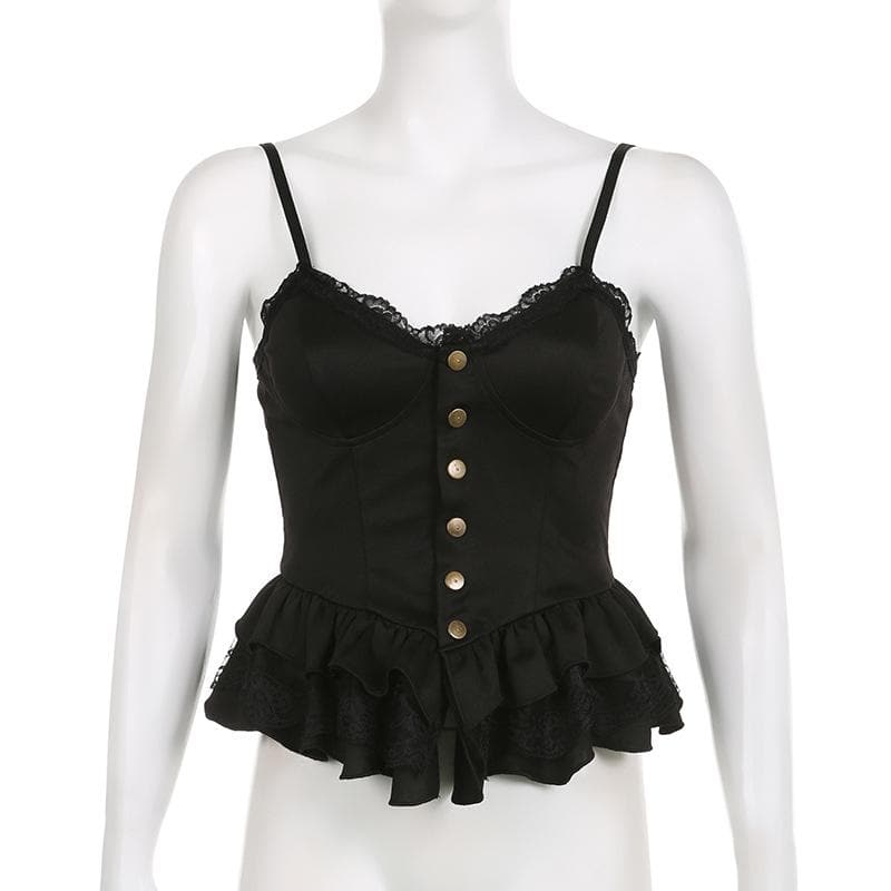 Rückenfreies Camisole-Oberteil mit Spitzensaum, Knopfleiste, V-Ausschnitt und Rüschen