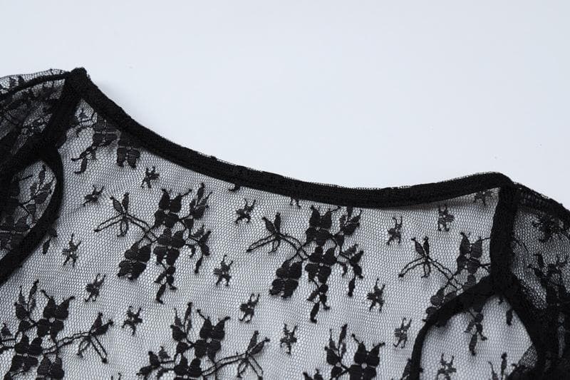 Rückenfreies, durchsichtiges Crop-Top aus Spitze mit Neckholder und Flügelärmeln