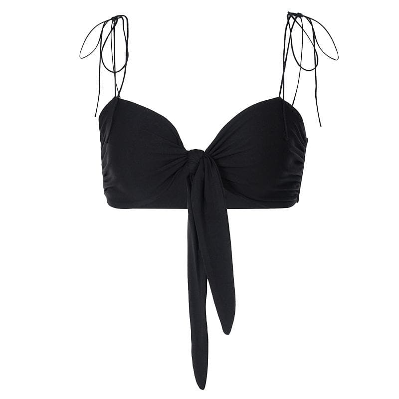 Rückenfreies Crop-Top mit geknoteten, ausgehöhlten Spaghettiträgern und selbst zu bindendem Saum