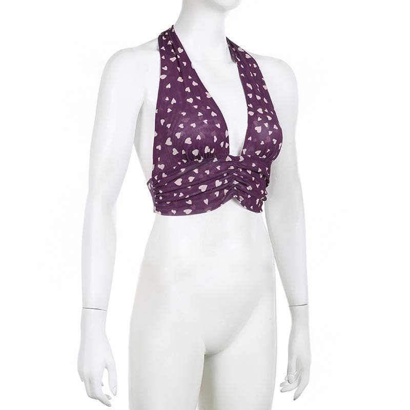 Top corto con stampa a cuore arricciata, scollo a V a contrasto e allacciatura all'americana