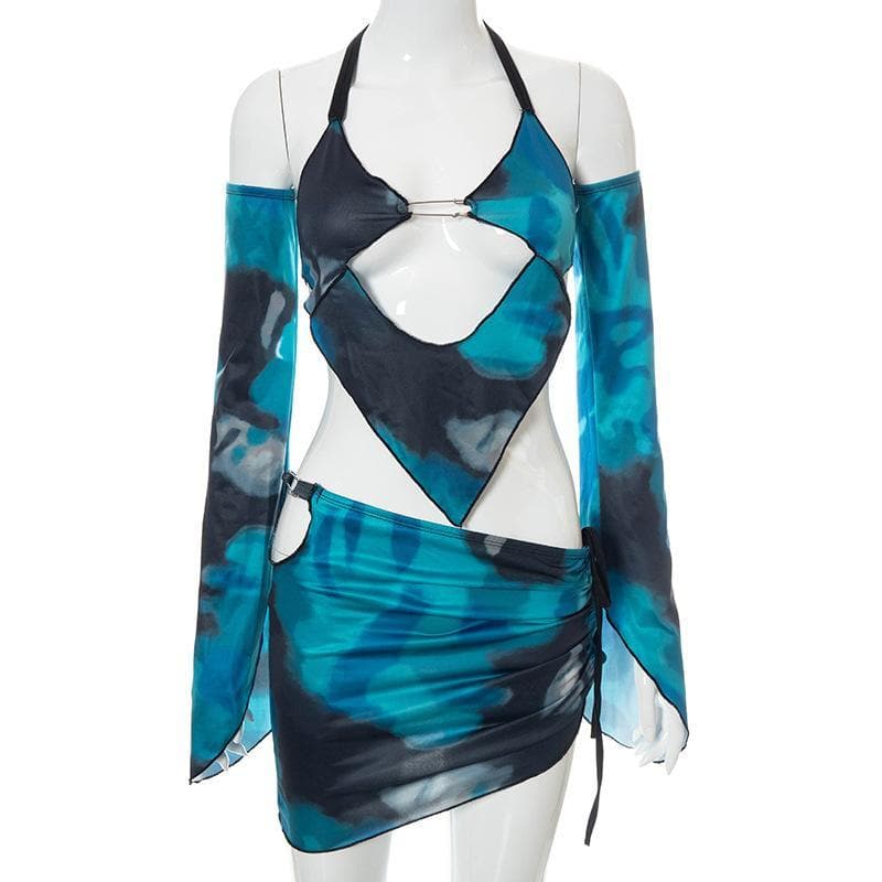 Completo gonna arricciata con coulisse e collo a V traforato