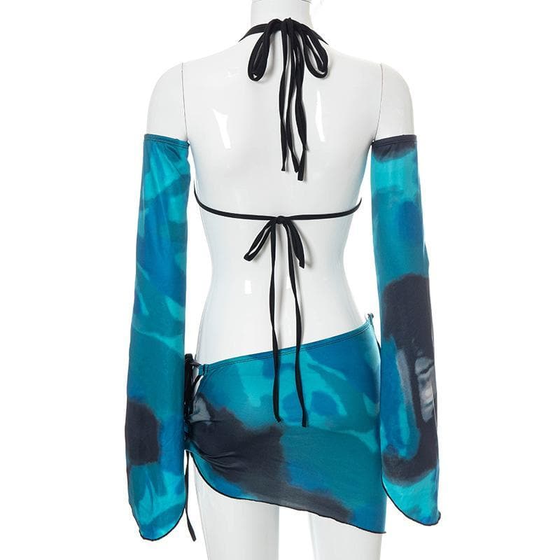 Completo gonna arricciata con coulisse e collo a V traforato