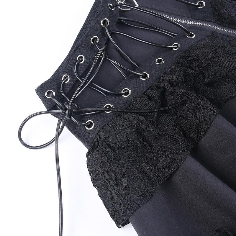 Minigonna con volant in pizzo patchwork con cerniera e lacci