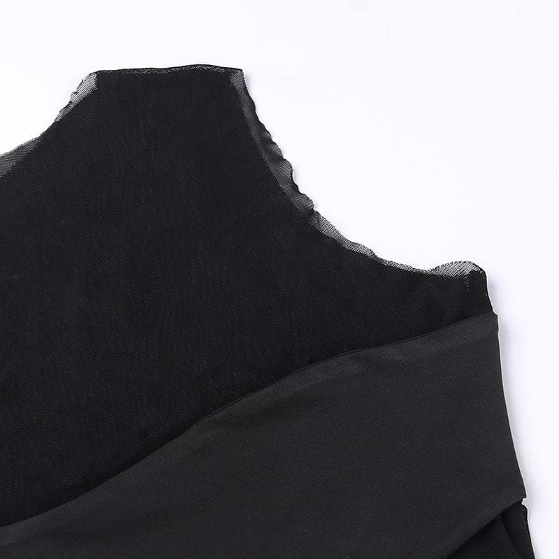 Top corto senza maniche irregolare in patchwork di rete