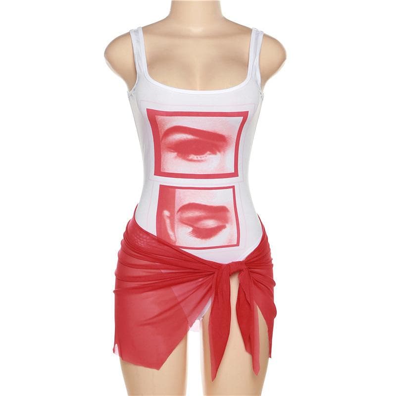 Completo gonna body senza maniche con scollo a rete a contrasto astratto