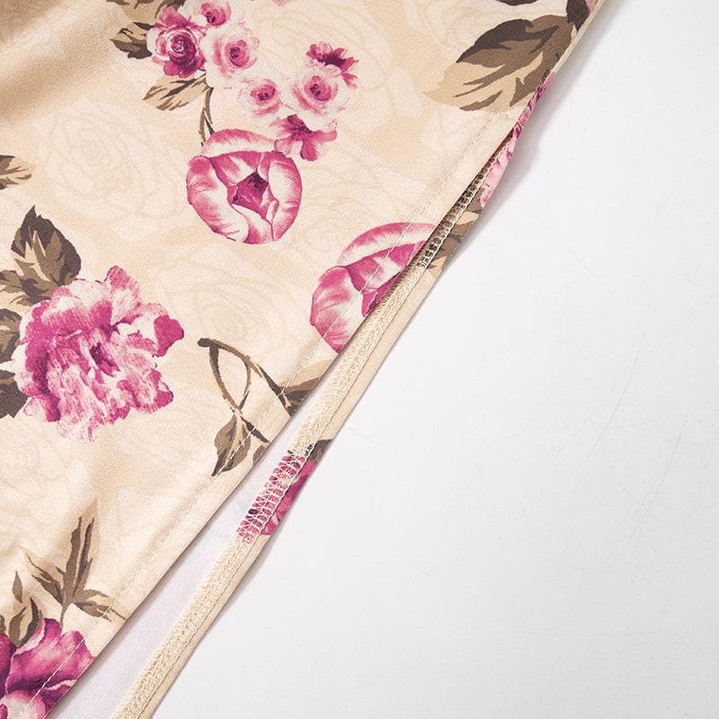 Completo gonna lunga con spacco sul retro, corsetto a contrasto e stampa floreale