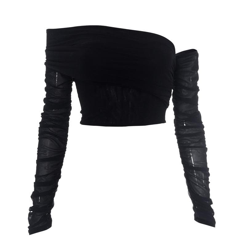 Top corto irregolare a maniche lunghe con spalle scoperte e maglia solida