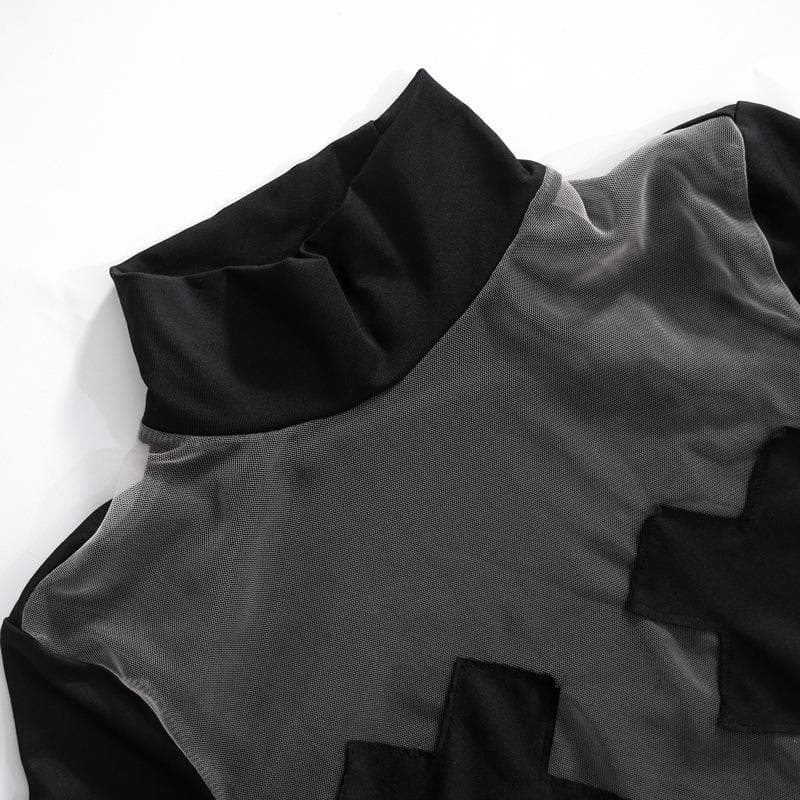 Top corto patchwork con guanti a maniche lunghe e collo alto in rete