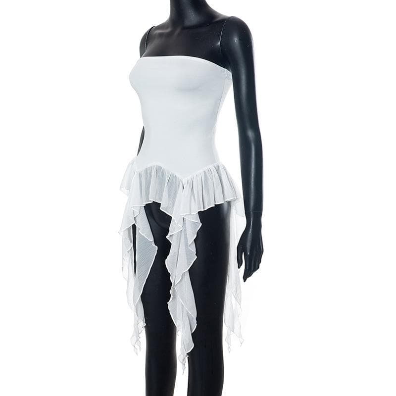 Top a tubino con volant in chiffon patchwork e schiena scoperta con nastri