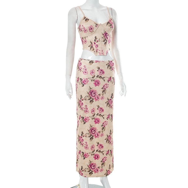 Completo gonna lunga con spacco sul retro, corsetto a contrasto e stampa floreale
