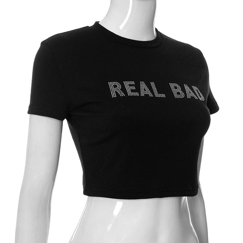 Top corto con perline e scollo a giro a maniche corte "REAL BAD"