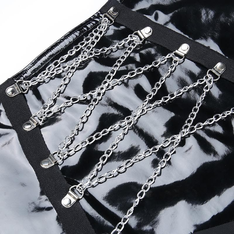 Gonna midi in pelle PU con patchwork, lacci in catena di metallo, fessura e cerniera