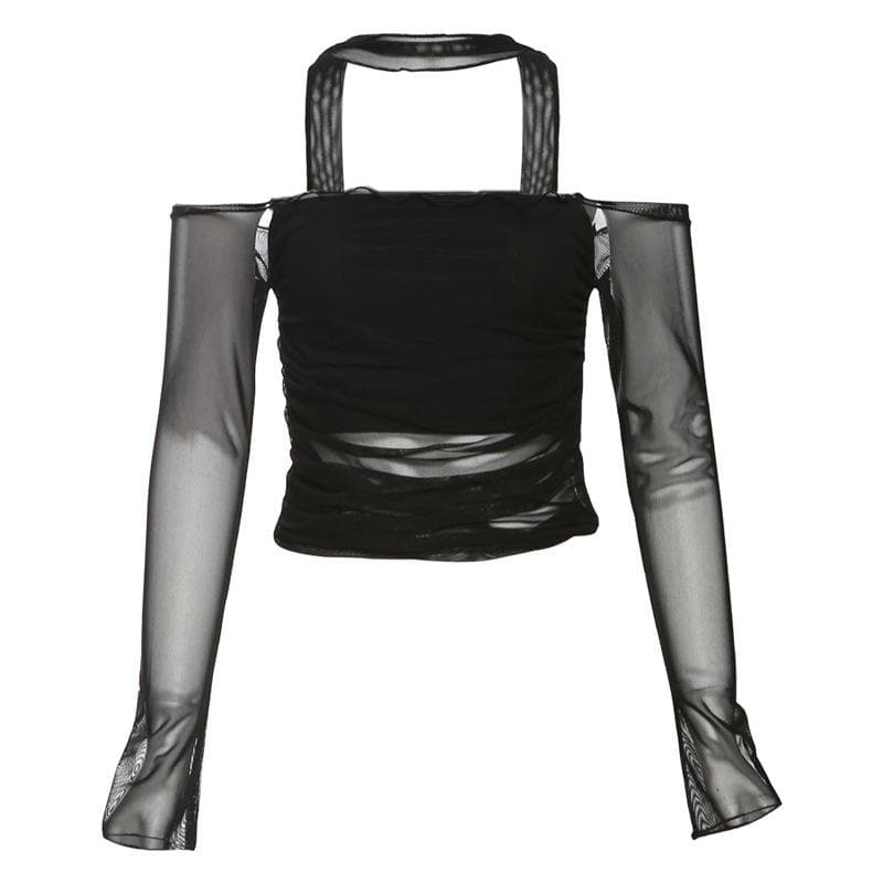 Top in rete tinta unita con maniche lunghe, spalle scoperte e arricciato