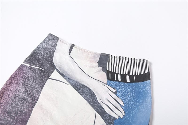 Completo gonna lunga a maniche lunghe con stampa astratta a contrasto in rete trasparente