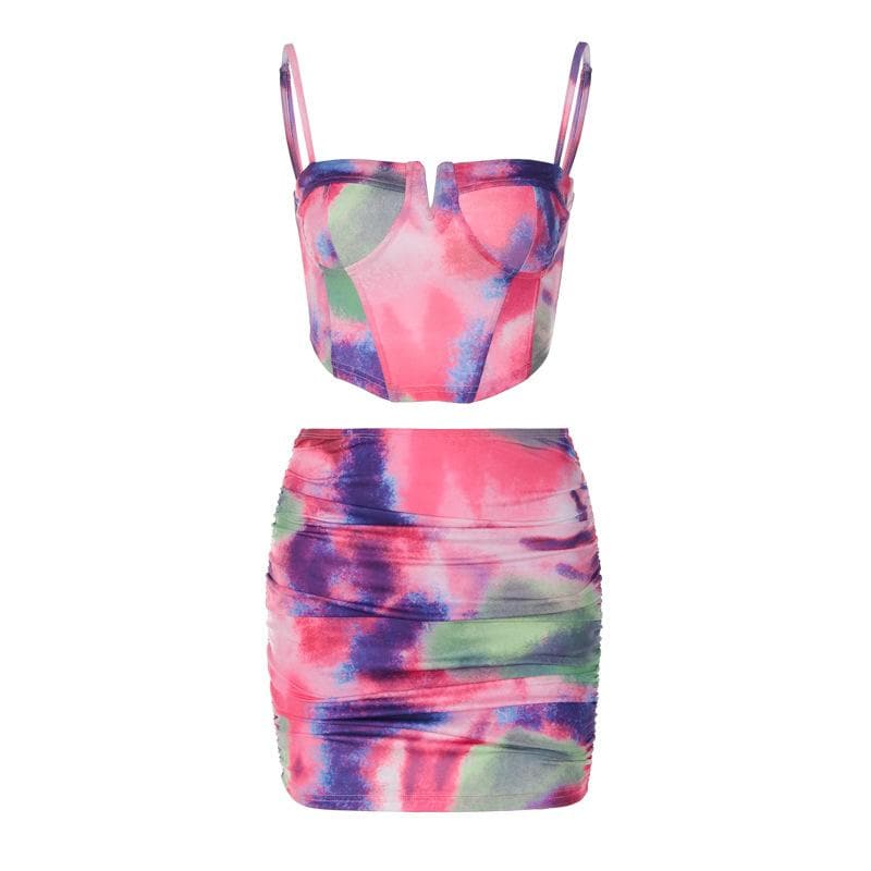 Completo minigonna con corsetto e canotta senza schienale, scollo a V, tie-dye a contrasto arricciato