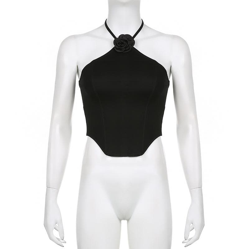 Top corsetto con schiena scoperta e allacciatura a collo alto con applicazioni floreali