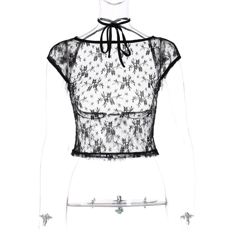 Rückenfreies, durchsichtiges Crop-Top aus Spitze mit Neckholder und Flügelärmeln