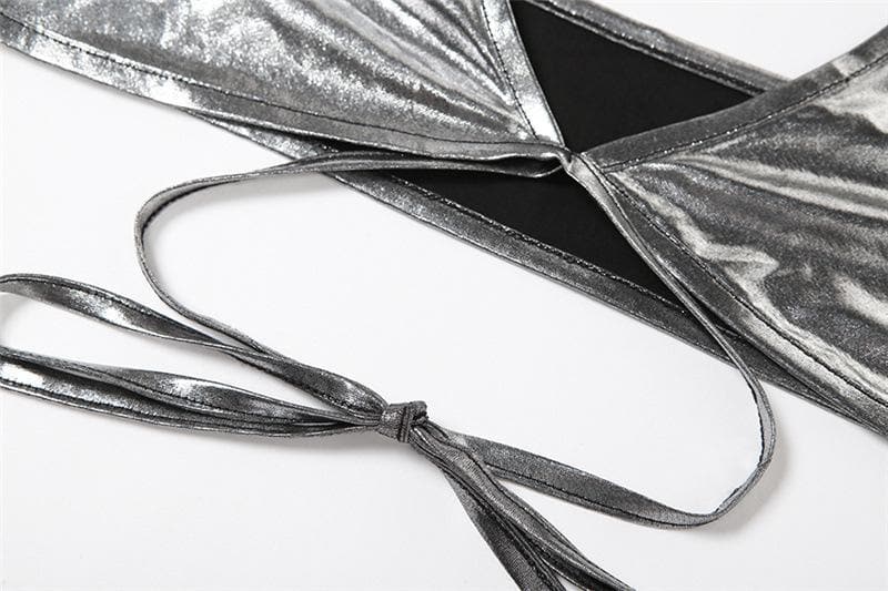 Minigonna con lacci autobloccanti, incrocio sul davanti e schiena scoperta metallizzata