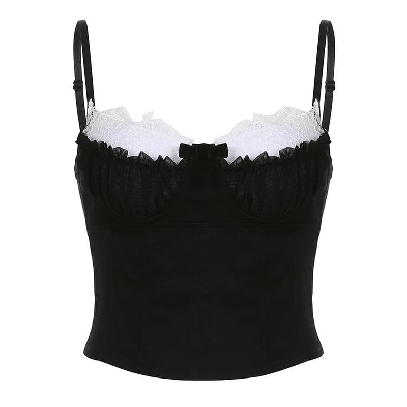 Camisole-Oberteil mit gerüschtem Korsett und Knöpfen und kontrastierendem Patchwork-Spitzensaum