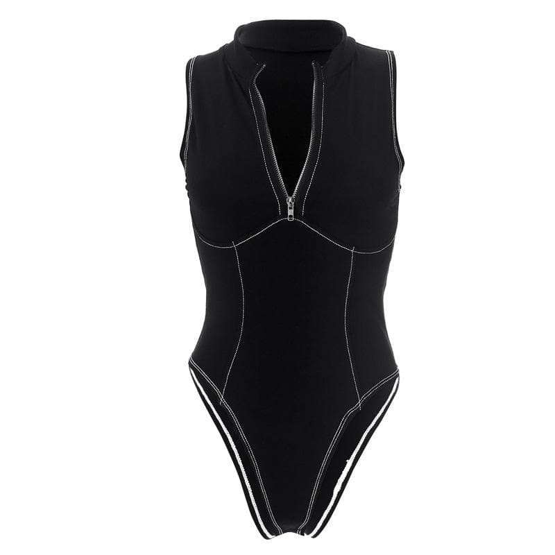 Body senza maniche con scollo a V a contrasto e cerniera cucita