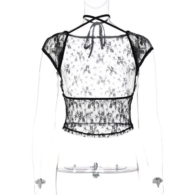 Rückenfreies, durchsichtiges Crop-Top aus Spitze mit Neckholder und Flügelärmeln