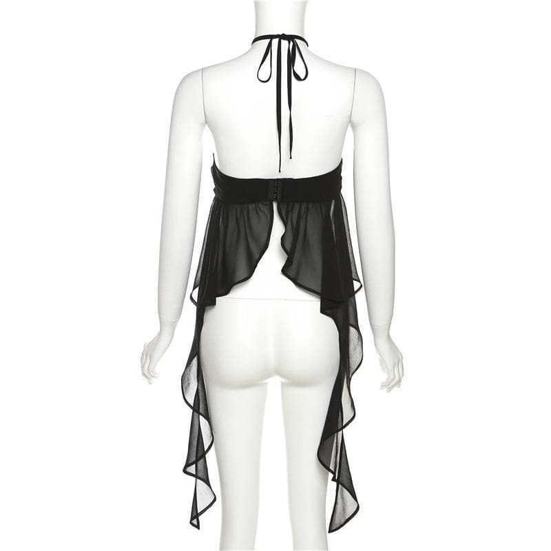 Top corto in chiffon con volant, arricciatura, schiena scoperta e bottoni