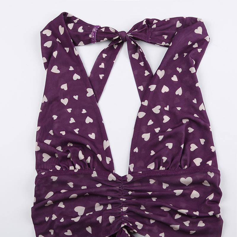 Top corto con stampa a cuore arricciata, scollo a V a contrasto e allacciatura all'americana