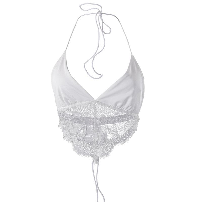 Top corto con laccetti allacciati alla schiena e scollo a V in patchwork di pizzo