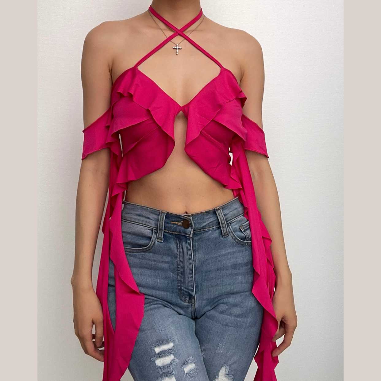 Ruffle halter solid v neck ribbon backless crop top