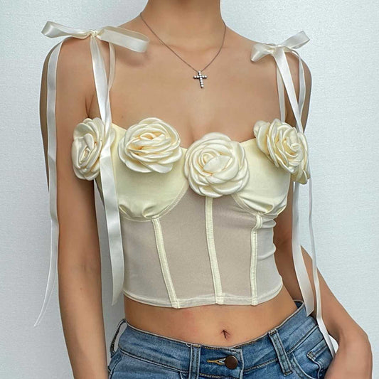 Mesh solid flower applique self tie backless bustier crop top