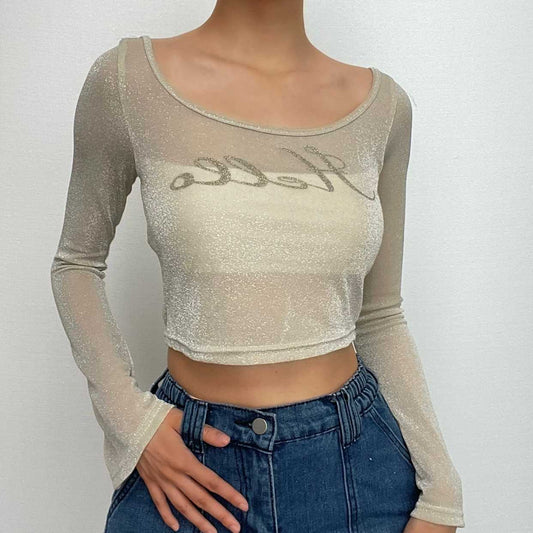 Textured u neck "Hello" pattern flared sleeve crop top