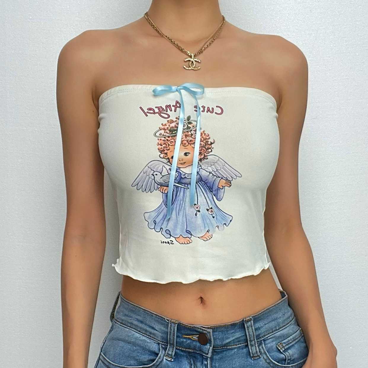 Rückenfreies, kurzes Tube-Top mit Rüschen und Engel-Muster in Kontrastfarbe 