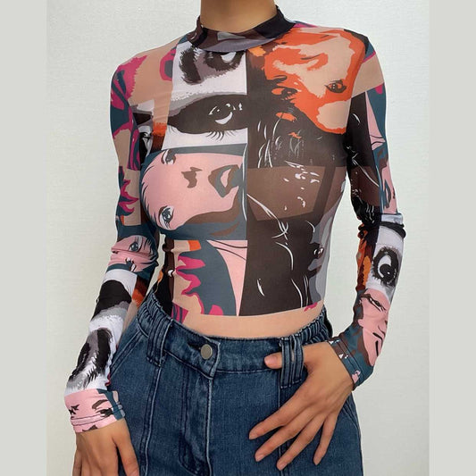 Sheer mesh see through abstract print long sleeve contrast bodysuit