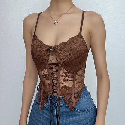 Lace metal tag low cut lace up backless cami crop top