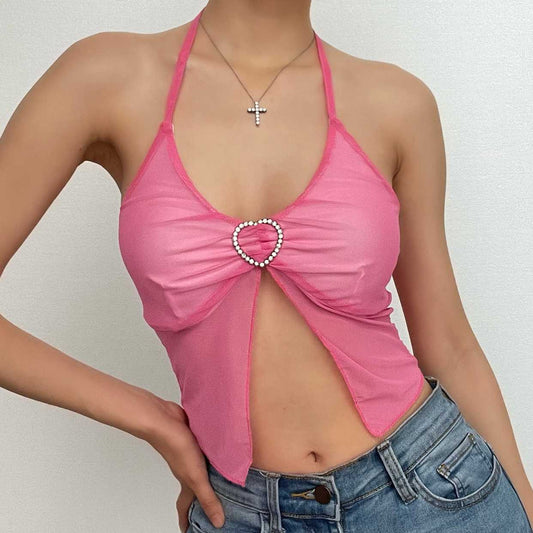 Solid halter sheer mesh see through buckle ruffle crop top