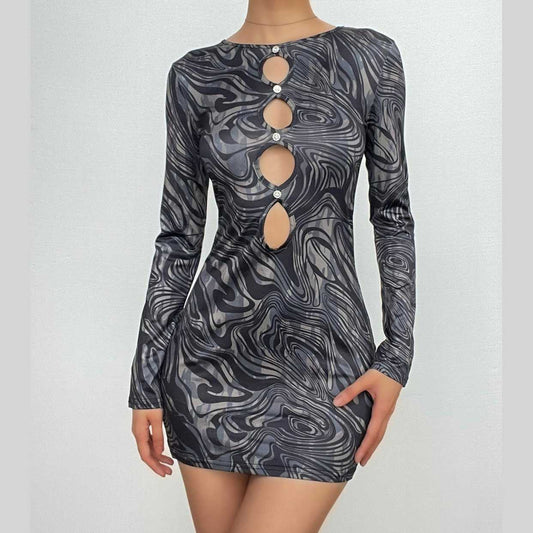 Button hollow out long sleeve round neck ripple contrast mini dress