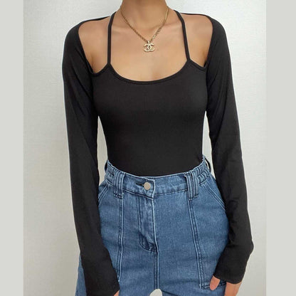 Halter solid ribbed long sleeve low cut bodysuit