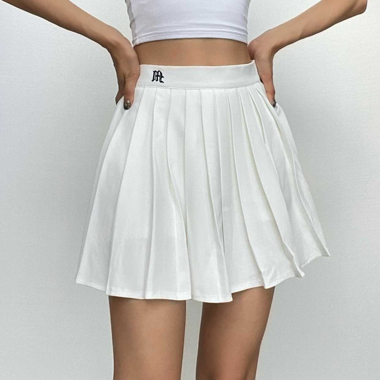 Pleated embroidery A line solid zip-up mini skirt