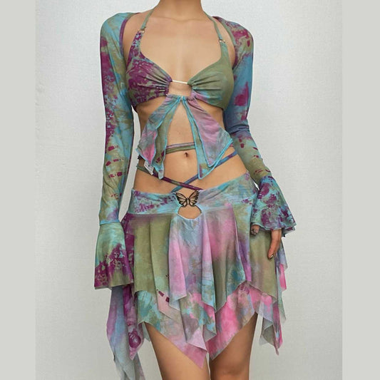 Minigonna con scollo a V, manica svasata, tie-dye, anello a O, allacciabile e scollato 