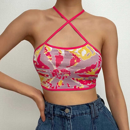 Flower print contrast cross front self tie backless crop top