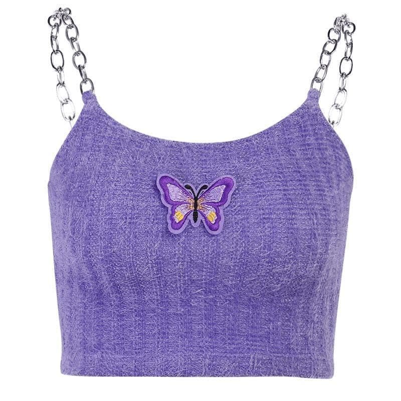 Halibuy Butterfly metal chain strap knitted fluffy camisole- Final Sale