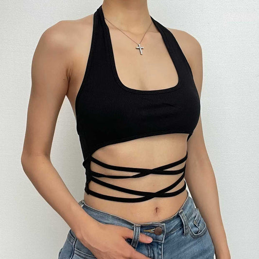 Solid cross front halter self tie backless crop top