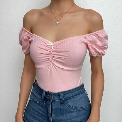 Ruched short sleeve contrast lace hem backless crop top