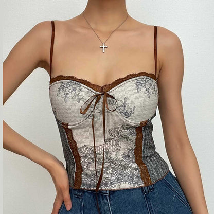 Lace hem contrast sweetheart neck patchwork cami top