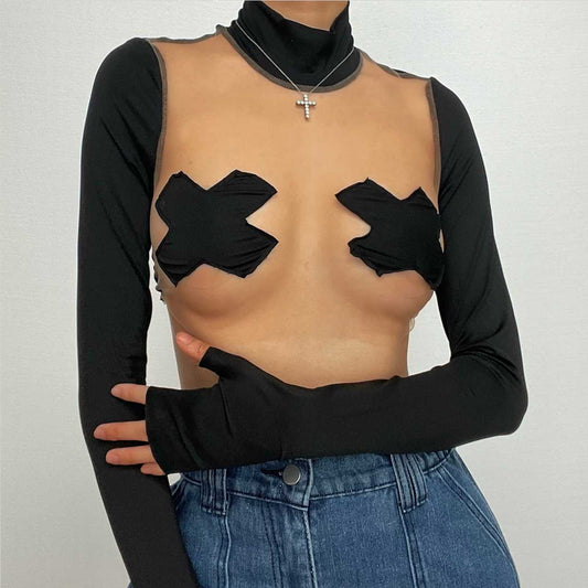 Mesh high neck long sleeve gloves patchwork crop top