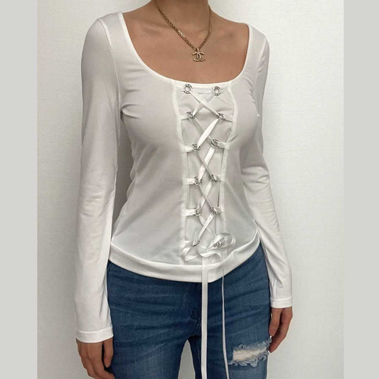 Long sleeve lace up u neck solid top