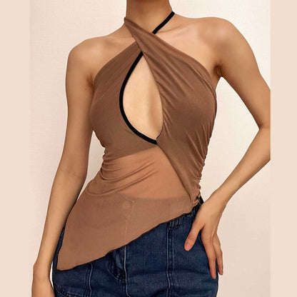 Mesh irregular contrast halter self tie backless ruched crop top