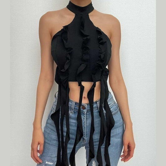 Halter solid ruffle sleeveless ribbon backless crop top